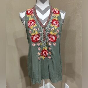 Women’s Blue Rain Embroidered Sleeveless Army Green Top